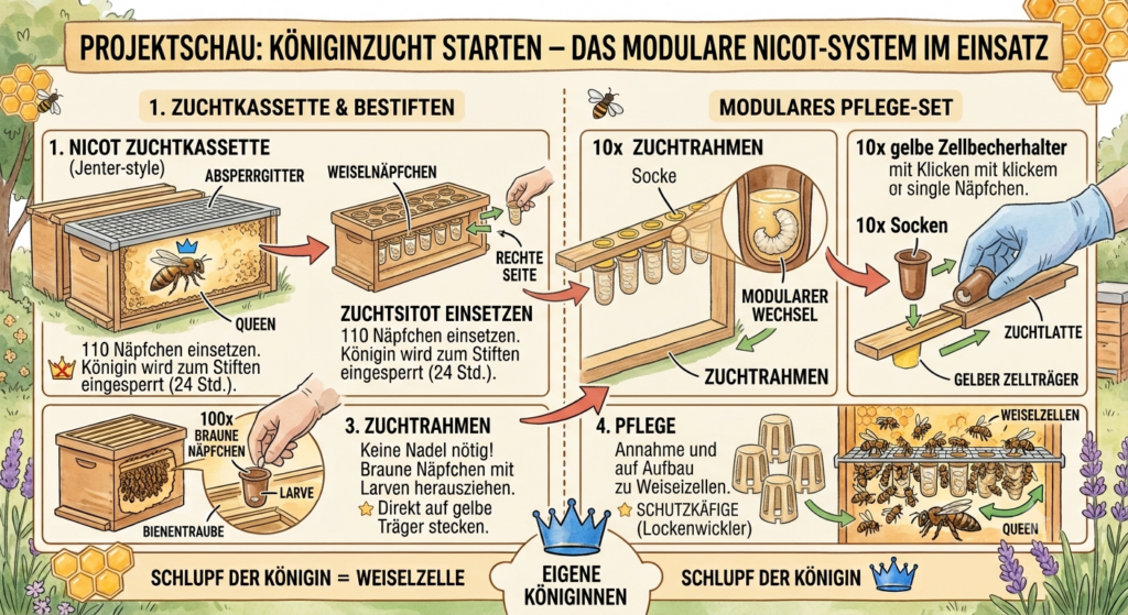 Infografik zur Königinzucht mit dem Nicot-System (Cupularve): Schritt-für-Schritt-Anleitung vom Bestiften der Zuchtkassette über das Entnehmen der braunen Weiselnäpfchen bis hin zum modularen Aufstecken der Larven auf die Zuchtlatte und dem Verschulen der Weiselzellen mit Schutzkäfigen.