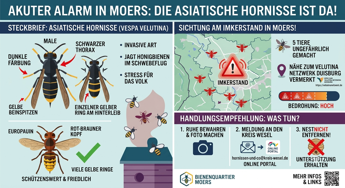 Die Asiatische Hornisse im Anflug: Akuter Alarm auch bei uns im Bienenquartier Moers!