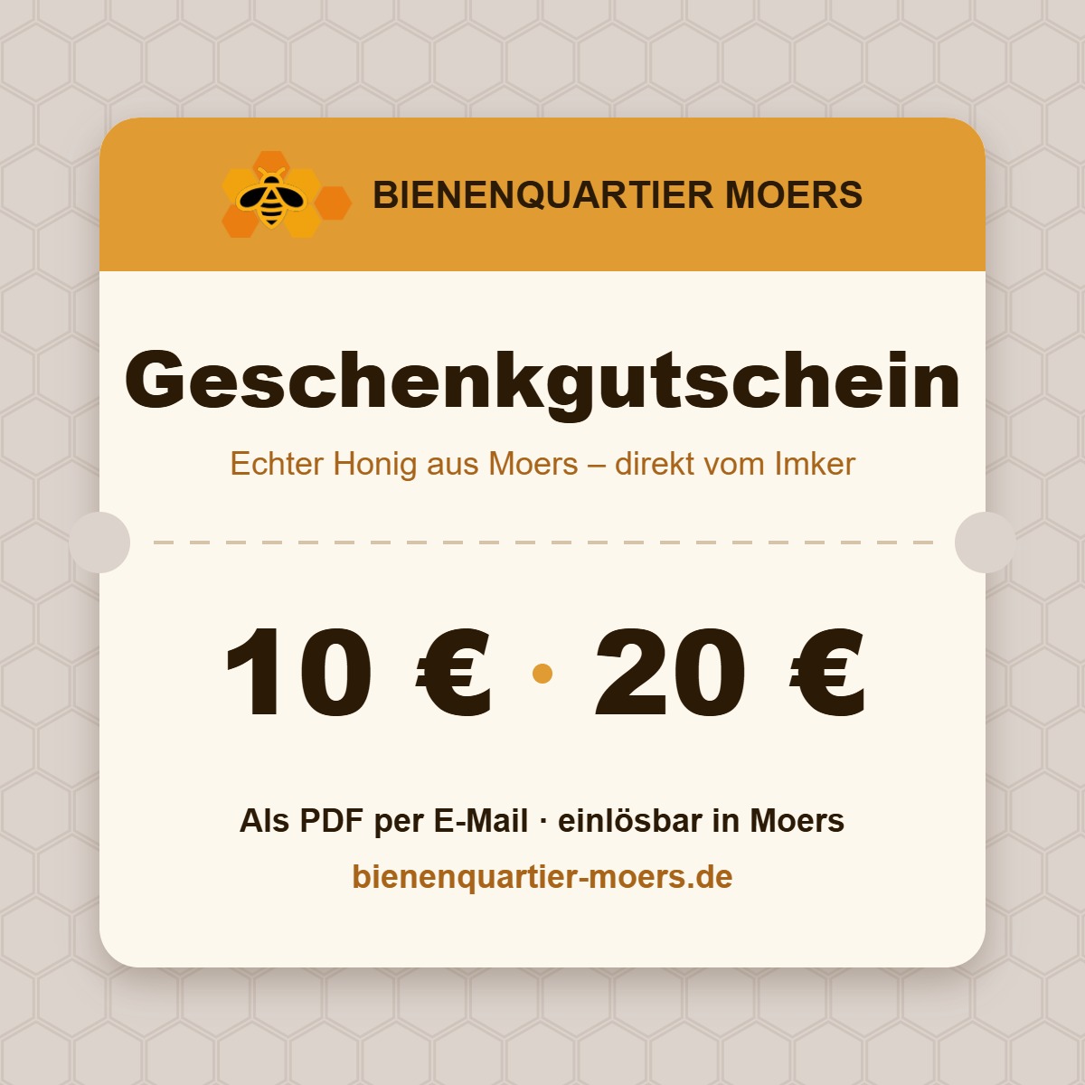 Geschenkgutschein vom Bienenquartier Moers über 10 € oder 20 €